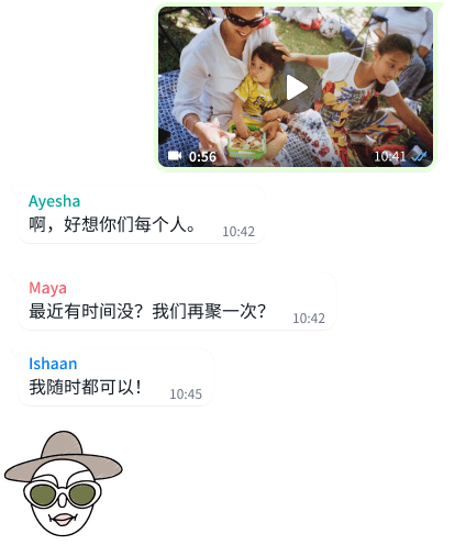 WhatsApp 群组对话功能的截图，包括互发的照片和消息